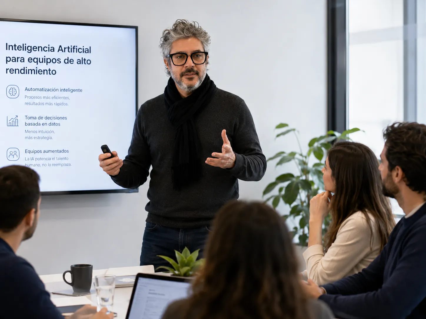 Workshop de IA en oficina, equipo trabajando sobre procesos reales